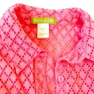 Sigrid Olsen petite M coral pink eyelet blouse